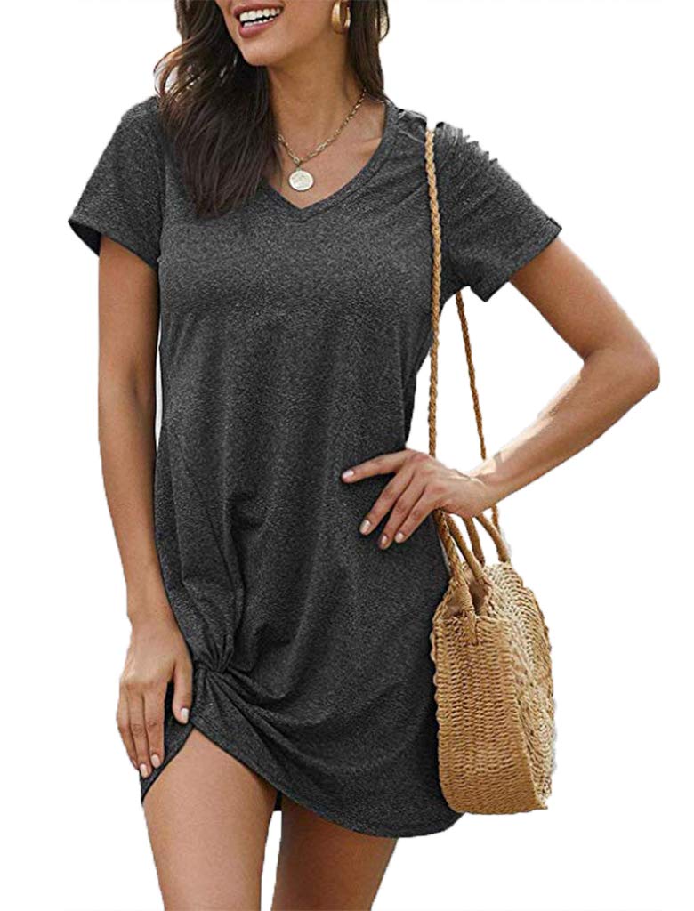 Locryz Short Sleeve Tshirt Dress for Women Sexy Side Knot Mini Dresses S Dark Grey - Image 4